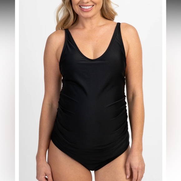 PinkBlush Black Scoop Front Low Back Ruched One-Piece Maternity Swimsuit - Picture 10 of 10